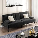 Shintenchi Futon Sofa Bed, Velvet Foldable Couch, Reclining Sleeper with Removable Armrests, Upholstered Loveseat Sofa Couch with Folding Cup Holders for Home, Office, Black