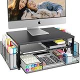 OPNICE Desk Organizer and Accessories, 2-Tier Computer Monitor Stand Riser with Drawer and 2 Pen Holders, Office Desk Accessories for Office Supplies, Black