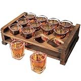 LINALL Shot Glass Set 12pcs 2oz/60ml Heavy Duty with Acacia Wood Holder for Party, Club, Cocktail (Brown 12pcs 2oz)
