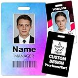 Custom Id Badge with Lanyard - Double Sided Print with Name/Photo/Logo, Personalized Work Office Identification Card for Employee Worker Student - Vertical