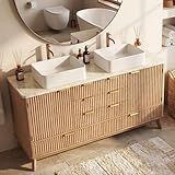 Concho 55'' Fluted Bathroom Vanity with Double Ceramic Sink, Modern Bathroom Sink Storage Cabinet with Engineered Marble Top & 4 Spacious Drawers, Freestanding Bathroom Vanity Cabinet, Natural Oak
