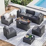 Aoxun 8 Piece Patio Furniture Set with 44” Fire Pit Table, Wicker Rattan Patio Sectional Sofa, Outdoor Furniture Set with Thickened Cushion, Grey