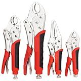 FASTPRO 4-Piece Locking Pliers Set with Heavy Duty Grip, 5", 7" and 10" Curved Jaw, 6-1/2" Long Nose Locking Pliers Included, Vise Grip Wrench Set