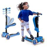 Hurtle 3 Wheeled Scooter for Kids - 2-in-1 Sit/Stand Child Toddlers Toy Kick Scooters w/ Flip-out Seat, Adjustable Height, Wide Deck, Flashing Wheel Lights, Great for Outdoor Fun -(Blue)