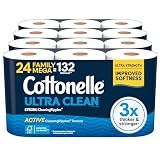 Cottonelle Ultra Clean Toilet Paper with Active CleaningRipples Texture, Strong Bath Tissue, 1-Ply, 24 Family Mega = 132 Regular Rolls (4 Packs of 6), White