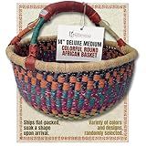 Africa Heartwood Project - Deluxe Colorful African Basket with Leather Handle - Handmade from dried Elephant Grass, Hand-Woven by Women in Bolgatanga, Ghana - Medium 14" Round Flat-packed