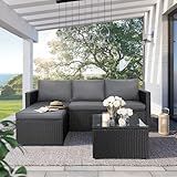 SUNLEI 3-Piece Patio Sectional Sofa, Patio Furniture Set with Detachable Soft Cushions, Outdoor PE Rattan Patio Conversation Sofa Set with Glass Coffee Table & Ottoman, Black Rattan/Grey