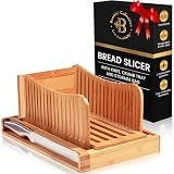 Bread Slicer for Homemade Bread - Bamboo Bread Slicer with Knife, Foldable Bread Slicing Guide with 3 Adjustable Thickness, Crumb Tray, Bread Cutter for Sourdough, Bagels, Loaf, Toast, Kitchen Gifts
