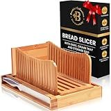 BAMBUSI Bread Slicer for Homemade Bread - Bamboo Bread Cutter with Knife, Foldable Slicing Guide, Crumb Tray - Compact Bread Loaf Slicer for Cakes, Bagels, Loaves - Kitchen Gadget, Baking Tool & Gift
