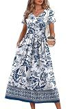 OFEEFAN Summer Dresses for Women Flowy Short Sleeve V Neck A Line Dress Work Spring Beach Vacation Casual Dresses Midi Maxi Dress Sundresses for Women Fall Outfits Clothes Boho Print XL