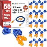AZEN 55 Pairs Silicone Ear Plugs, Reusable Earplugs for Noise Reduction, 25dB NRR Corded Ear Plug for Sleeping Noise Cancelling, Ear Plug with String Individual Packing