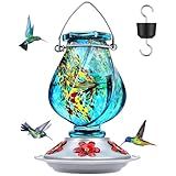 BOLITE Hummingbird Feeder, Hand Blown Glass Hummingbird Feeders for Outdoors Hanging with Ant Moat, 5 Bee-Proof Ports, Leak-Proof, 360° Perch, 22oz, Blue, Gifts for Women Men, Gifts for Mom Dad