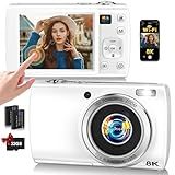 88MP Digital Camera for Photography, 2026 New WiFi 8K Vlog Video Camera for YouTube with Touch Screen, Dual Lens, Autofocus Anti-Shake, 16X Zoom, Small Travel Camera, 32GB TF Card, 2 Batteries, White