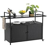 HOMEFUN Outdoor Bar Cart Table - Patio Console Storage Cabinet BBQ Grill Carts Buffet with Wheels Waterproof Wicker Serving Tables for Outside, Black