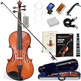 AKLOT Handcrafted Full Size Violin: Solid Wood Glossy Fiddle, Acoustic Beginner 4/4 Violin Kit with Hard Case, Lesson Book, Bow, Shoulder Rest, Extra Strings, Tuner, Fretboard Stickers (VRT-AmiOB)