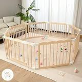 Baby Playpen Natural Wood Playpen for Babies and Toddlers Portable Infant Play pens for Kids Extra Large Toddler Wood Fence Play Area with Suction Cups(Foldable Connector)