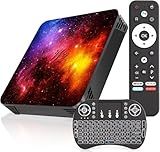 Android TV Box 14.0, 4GB RAM 128GB ROM Quad-Core Smart TV Box, Support 4K UHD & Dual-Band WiFi 2.4G/5G, Bluetooth 4.2 with HDMI Cable, USB 2.0 and Mini Keyboard