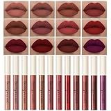 QiBest 12Pcs Matte Liquid Lipstick Set for Girls & Women, 24 Hours Long Lasting Waterproof Nude & Dark Red Lip Gloss Makeup Gift Kits, Velvet Non-Stick Cup Mate Duracion 24 Horas Originales Lip Stains