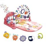 dearlomum Baby Play Mat Gym, Funny Play Piano Tummy Time Activity Mat with 5 Infant Sensory Toys, Music and Lights, Boy & Girl Gifts for Newborns 0 to 3 6 9 12 Months (Pink)