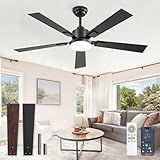 Glowivia 52 Inch Ceiling Fans with Lights and Remote&APP Control, Black Smart Ceiling Fan with 3000-6000K Dimmable, 6 Speeds Quiet Reversible Motor, Indoor/Outdoor Ceiling Fan for Bedroom Living Room