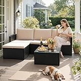 Devoko Patio Conversation Set 4 Piece Outdoor Furniture Sets PE Wicker Rattan Patio Sofa Sectional Adjustable All-Weather with Cushions and Glass Table for Porch Backyard Poolside, Beige