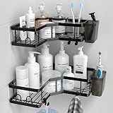 AKTECKE Corner Shower Caddy, 2 Pack Adhesive Shower Corner Organizer Shelves, No Drilling Stainless Steel Shower Storage Rack with Hooks&Toothpaste Holder for Bathroom Kitchen （for 90° Corners Only）