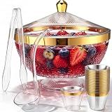 Yiyiring Large Plastic Punch Bowl with 25 Cups and Ladle Tong Gold Trim Clear Punch Bowl Set 1.4 Gallon Reusable Punchs Bowls for Wedding Birthday BBQ Baby Shower Holiday Party Supplies (Elegant)