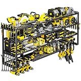 POKIPO Extra Large 64" W Power Tool Organizer Wall Mount, Load 1000 lbs, Heavy Duty 4 Tier Garage Storage Rack with 8 Drill Holders, 2 in 1 Corner or Straight Installation, Gift for Men