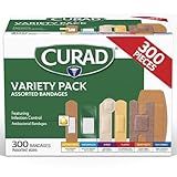 CURAD Assorted Bandages Variety Pack, 300 Count, 6 Styles Including Antibacterial, Waterproof, Sheer, Plastic, Heavy Duty & Flex-Fabric, Protects Scrapes, Cuts & Burns, Latex-Free