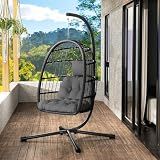 LEVELEVE Hanging Egg Chair with Stand, Patio Rattan Wicker Swing Chair, Oversized Hammock Seat for Bedroom Porch Garden, Thickened Steel Frame & UV Resistant Cushion, 350LBS Capacity（Grey