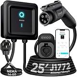EVIQO Level 2 EV Charger, 40 Amp, J1772 for Non-Tesla EVs, 25ft Cable, WiFi (2.4GHz) Smart App, Weatherproof Indoor/Outdoor (IP66, NEMA 4), UL & ETL Certified, NEMA 14-50 Plug-in 240V