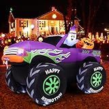 GOOSH 8 FT Long Halloween Inflatables Monster Truck Outdoor Decorations Blow Up Yard Cute Ghost with Pumpkin on Truck Car with Built-in LEDs for Garden Lawn Indoor Party Decor