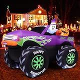 GOOSH 8 FT Long Halloween Inflatables Monster Truck Outdoor Decorations Blow Up Yard Cute Ghost with Pumpkin on Truck Car with Built-in LEDs for Garden Lawn Indoor Party Decor