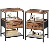 Huuger Nightstand Set of 2, Night Stand with Fabric Drawer, Mesh Shelf, Side Table with Storage, Fabric Drawer Dresser, Open Shelf, Metal Frame, Bedroom, Rustic Brown