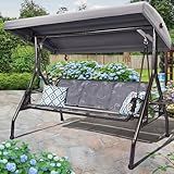 ZZW 3 Person Patio Swing Outdoor Swing for Adults with Adjustable Canopy &Upgraded Cup Holders Textilene Fabric Porch Swing Chair with Stand Heavy Duty 800 LBS