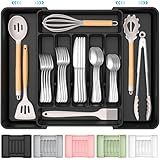 ukeetap Extra Large Expandable Silverware Organizer, BPA-Free Food-Safe Cutlery Flatware Organizer, Kitchen Utensil Drawer Organizer, Adjustable Silverware Holder for Spoons Forks Knives, Black