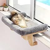 Zakkart Cat Perch for Window Sill with Bolster - Orthopedic Hammock Design with Premium Hardwood & Robust Metal Frame - Cat Window Seat for Large Cats and Kittens - Natural Color Wood Gray Bed, 24''W