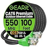 GEARit Cat6 Ethernet Cable 100ft, Direct Burial Outdoor Cat 6 Cable 24AWG High Speed Up to 10Gbps/550 MHz, LLDPE (PE) UV-Resistant Waterproof Jacket, CCA RJ45 Internet Cable for Router- Black,100FT