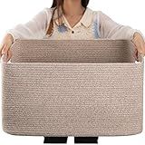 OIAHOMY 75L Large Woven Cotton Rope Storage Basket with Handle for Organizing Blanket and Toys for Living Room, Nursery, Brown Variegated 22”x17”x12”