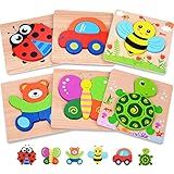 Magifire Wooden Puzzles, Set of 6 Puzzle Toys for Kids Toddlers 1–3, Baby Educational Animal Toys with Chunky Pieces & Bag for Easter - Ladybug, Car, Bee, Bear, Butterfly, Turtle