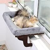 Zakkart Cat Perch for Window Sill with Bolster - Orthopedic Hammock Design with Premium Hardwood & Robust Metal Frame - Cat Window Seat for Large Cats and Kittens - Dark Stained Wood Gray Bed, 24''W