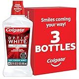 Colgate Optic White Advanced Teeth Whitening Mouthwash, 3 Pack, 2% Hydrogen Peroxide, Alcohol-Free and Enamel Safe, ICY Fresh Mint, 32 Oz
