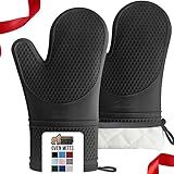 GORILLA GRIP BPA-Free Soft Silicone Oven Mitts, Heat Resistant and Waterproof Cooking Gloves, Thick Cotton Lining, Flexible Gripping, Kitchen Potholders Set, Holiday Baking Essentials, 12.5x8.3, Black
