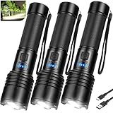 3 Pack Rechargeable Flashlights High Lumens, 90,000 Lumen Super Bright Led Flashlight with Adjustable 3 Modes & Power Display, Brightest Handheld Waterproof Flash Lights for Home Camping Hiking