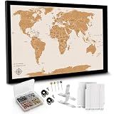 AdventureScape Push Pin World Travel Map, Framed Cork Map Pin Board