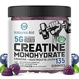 Natures Aid Creatine Monohydrate Gummies (5g) – Pre-Workout Energy & Muscle Growth Support for Men & Women | Blueberry Electrolyte Gummies (135 Count)