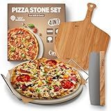 Pizza Stone Set - 5 PCS Premium Cordierite Pizza Stone Set for Baking and Grilling, Complete Pizza Making Kit with Bamboo Peeling Board, Pizza Cutter, and Greaseproof Paper
