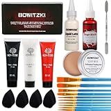 Bowitzki Halloween Makeup Set Special Effects Kit Cream Face Paint Water Based Liquid Latex Fake Blood Brush Sponges Body Painting SFX Zombie Vampire Monster Christmas Party (With Scar Wax)