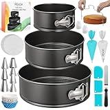RFAQK 100pcs Cake Pan Sets for Baking + Cake Decorating Supplies: 3 Non-Stick Springform Pans Set (4, 7, 9 inches), Icing Tips, Cake Leveler – Multi-functional Leak-Proof CheeseCake Pan & eBook