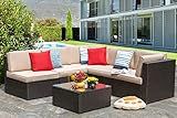 Vongrasig 6 Piece Patio Furniture Set, Small Outdoor Sectional Sofa Couch, All Weather PE Wicker L-Shaped Corner Patio Sofa Garden Backyard Patio Conversation Set w/Glass Table, Beige